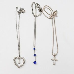Lot of 3 Silver Tone Necklaces Rhinestone Heart, Blue Stone Drop, Express Cross
